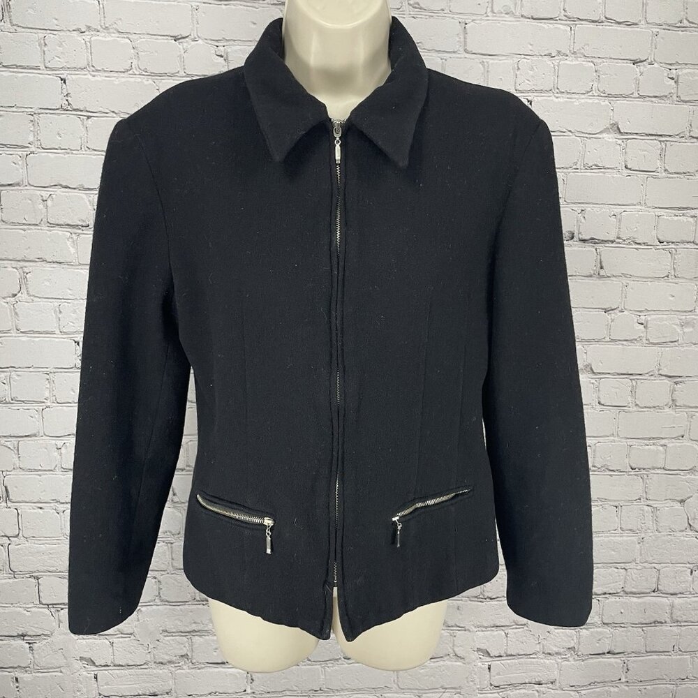 VTG Braebrook Black 100% Wool Zipped Collared Lined Jacket Pockets Size Medium M